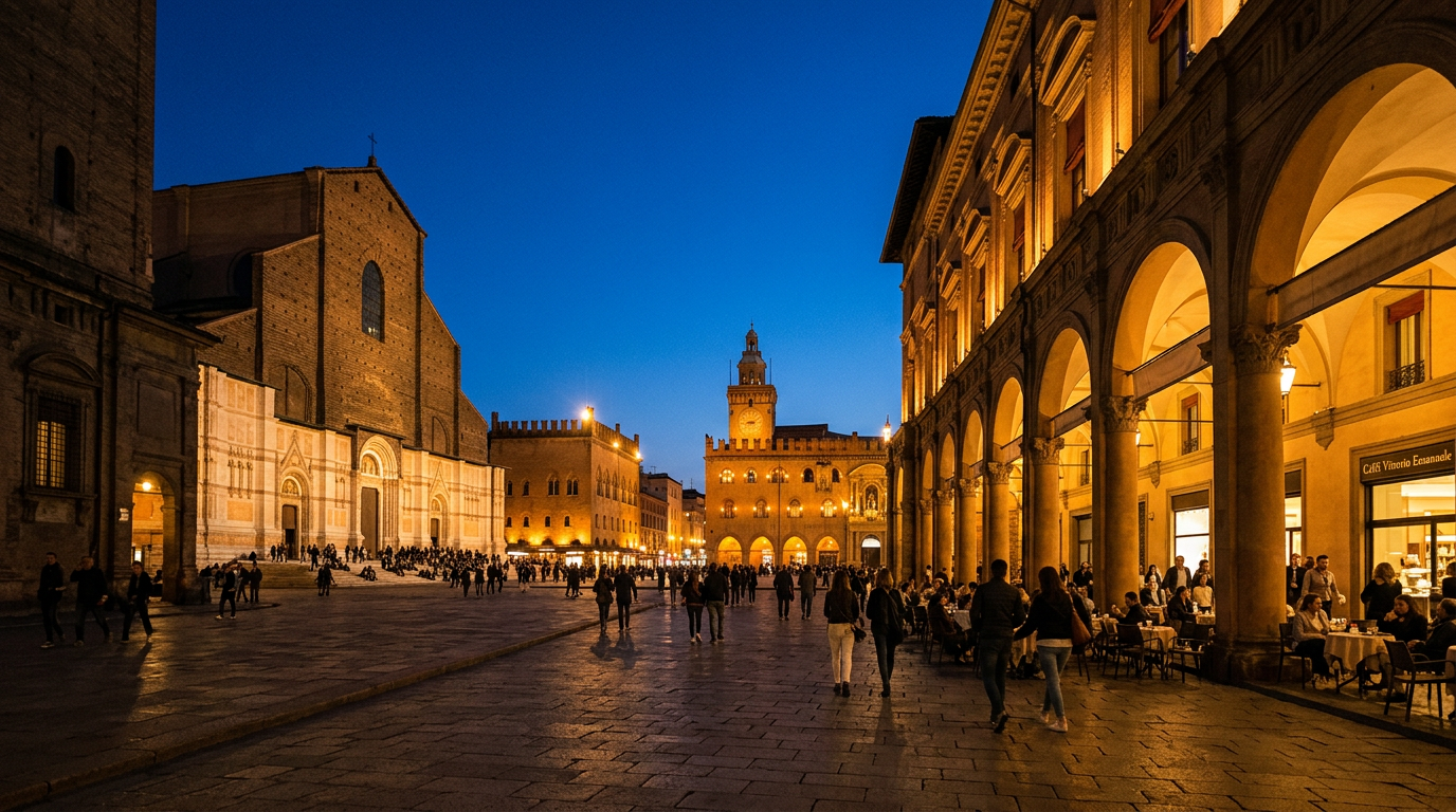 Piazza Maggiore a Bologna al tramonto